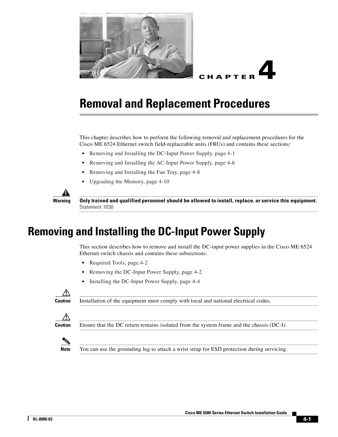 Cisco Systems ME 6500 manual Removal and Replacement Procedures, Removing and Installing the DC-Input Power Supply 