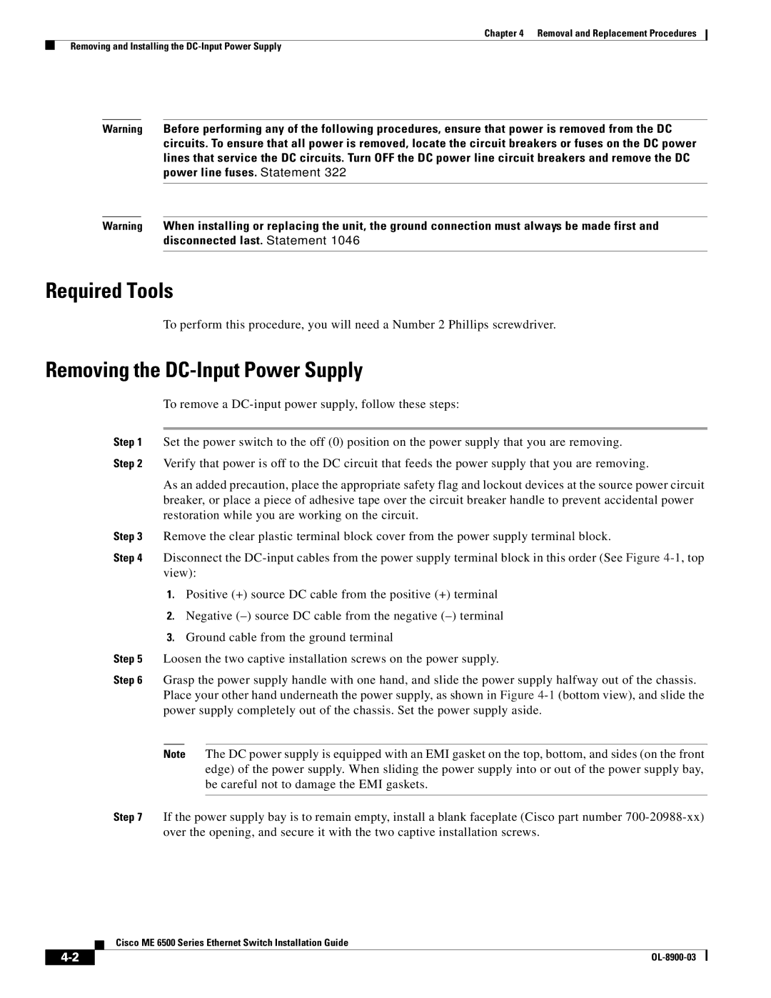 Cisco Systems ME 6500 manual Required Tools, Removing the DC-Input Power Supply 