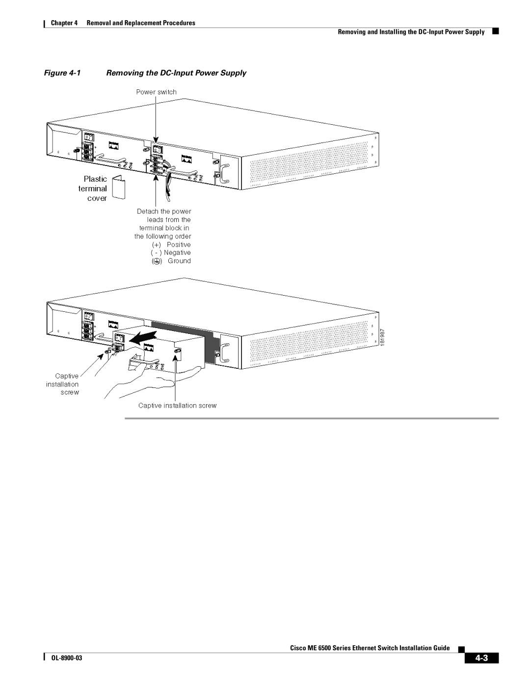 Cisco Systems ME 6500 manual Removing the DC-Input Power Supply 