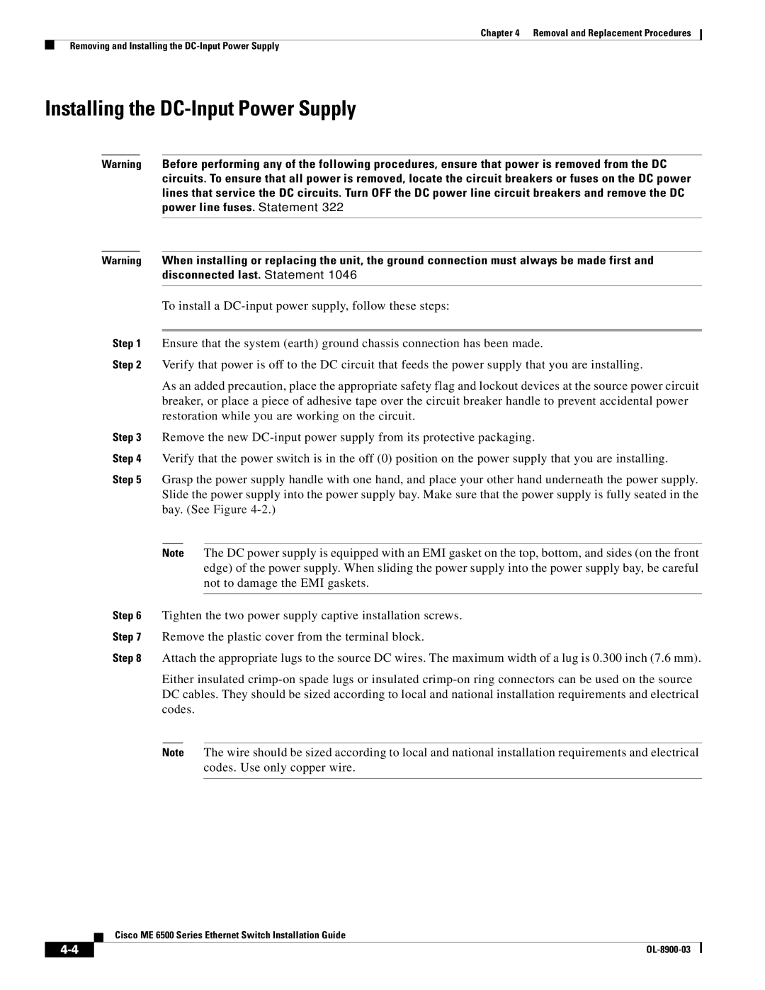 Cisco Systems ME 6500 manual Installing the DC-Input Power Supply 