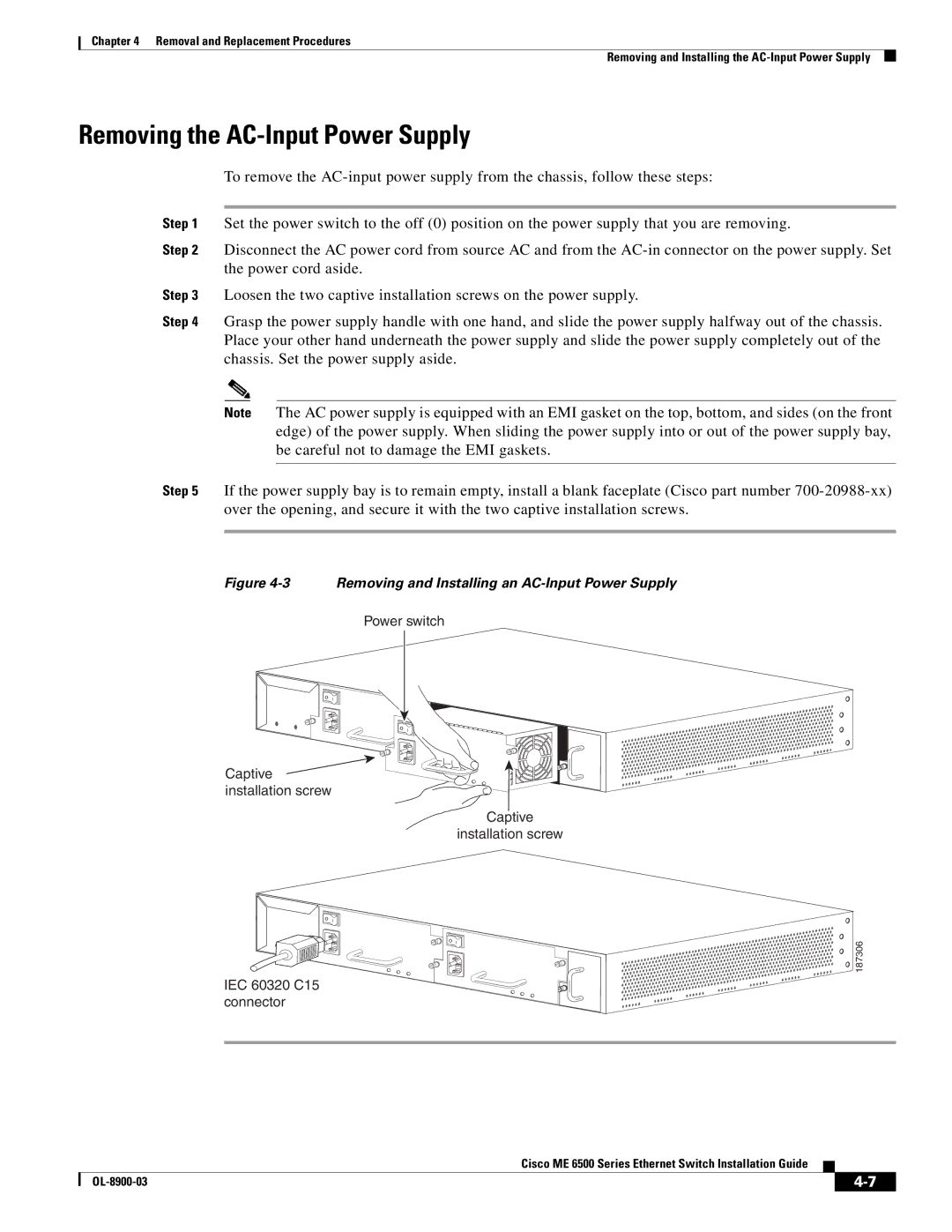 Cisco Systems ME 6500 manual Removing the AC-Input Power Supply, IEC 60320 C15 connector 