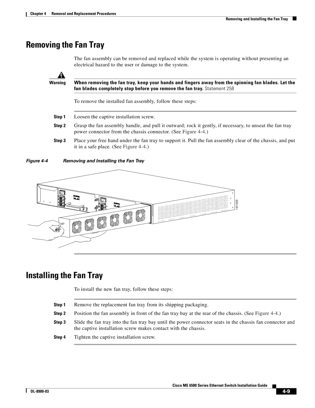 Cisco Systems ME 6500 manual Removing the Fan Tray, Installing the Fan Tray 