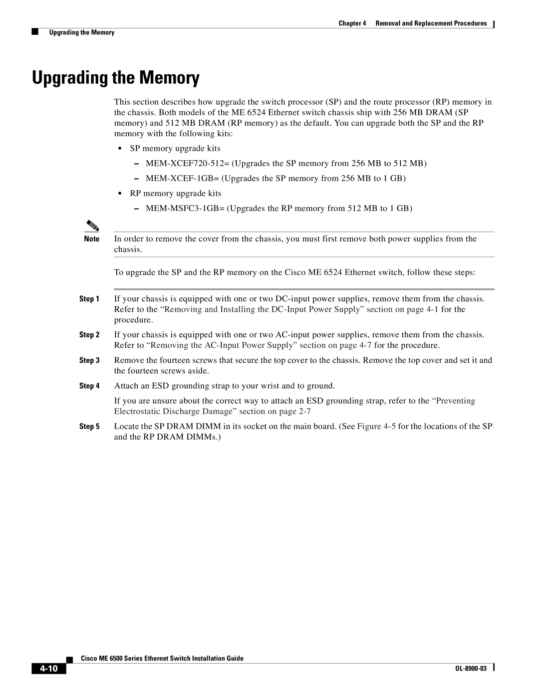 Cisco Systems ME 6500 manual Upgrading the Memory 