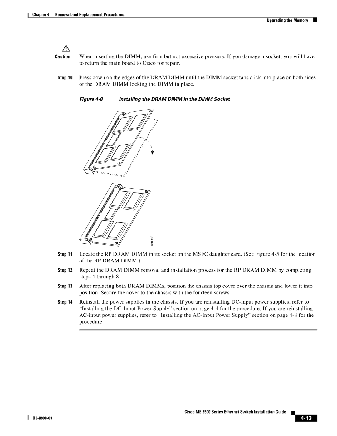 Cisco Systems ME 6500 manual Installing the Dram Dimm in the Dimm Socket 