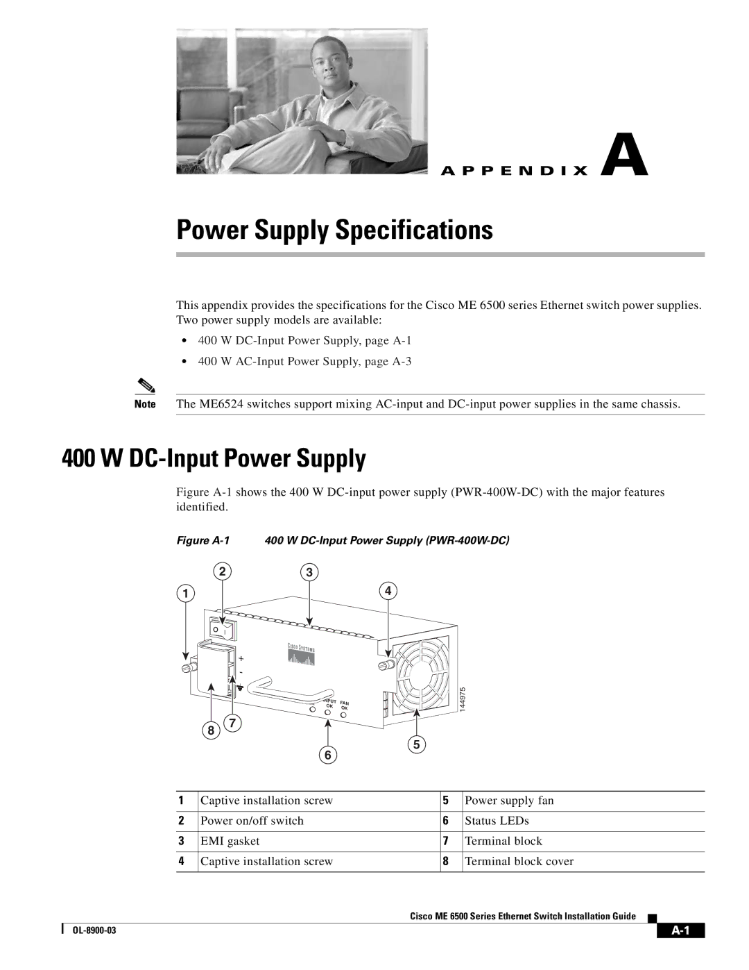 Cisco Systems ME 6500 manual Power Supply Specifications, DC-Input Power Supply 