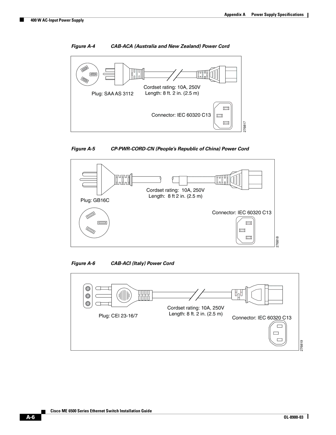 Cisco Systems ME 6500 manual Figure A-4 CAB-ACA Australia and New Zealand Power Cord 