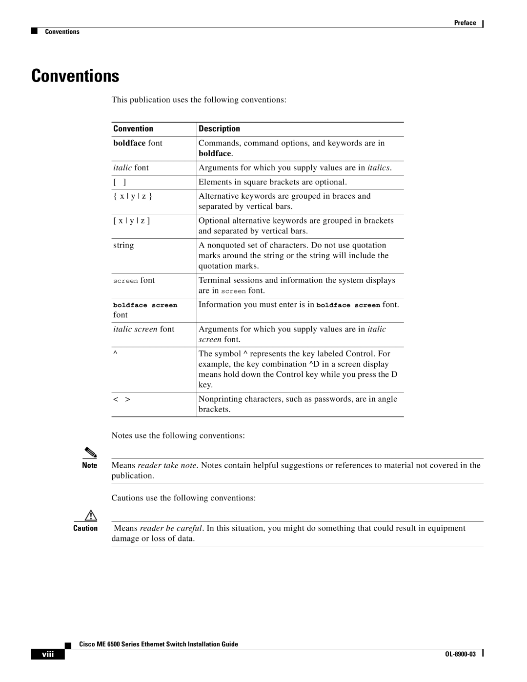 Cisco Systems ME 6500 manual Conventions, Convention Description 