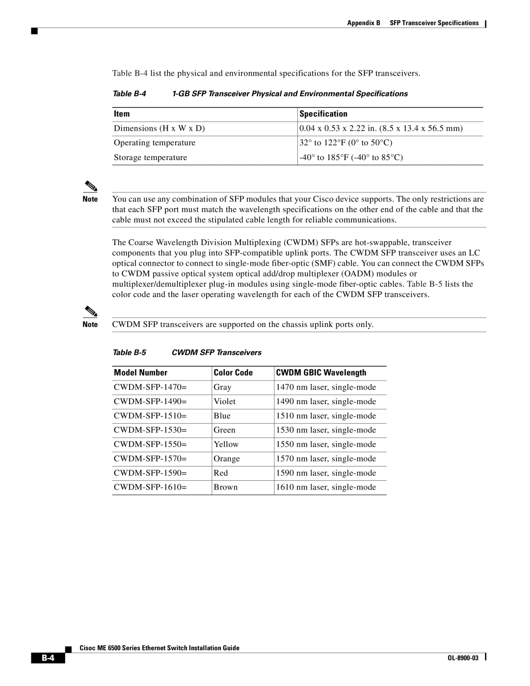 Cisco Systems ME 6500 manual Specification, Color Code Cwdm Gbic Wavelength 