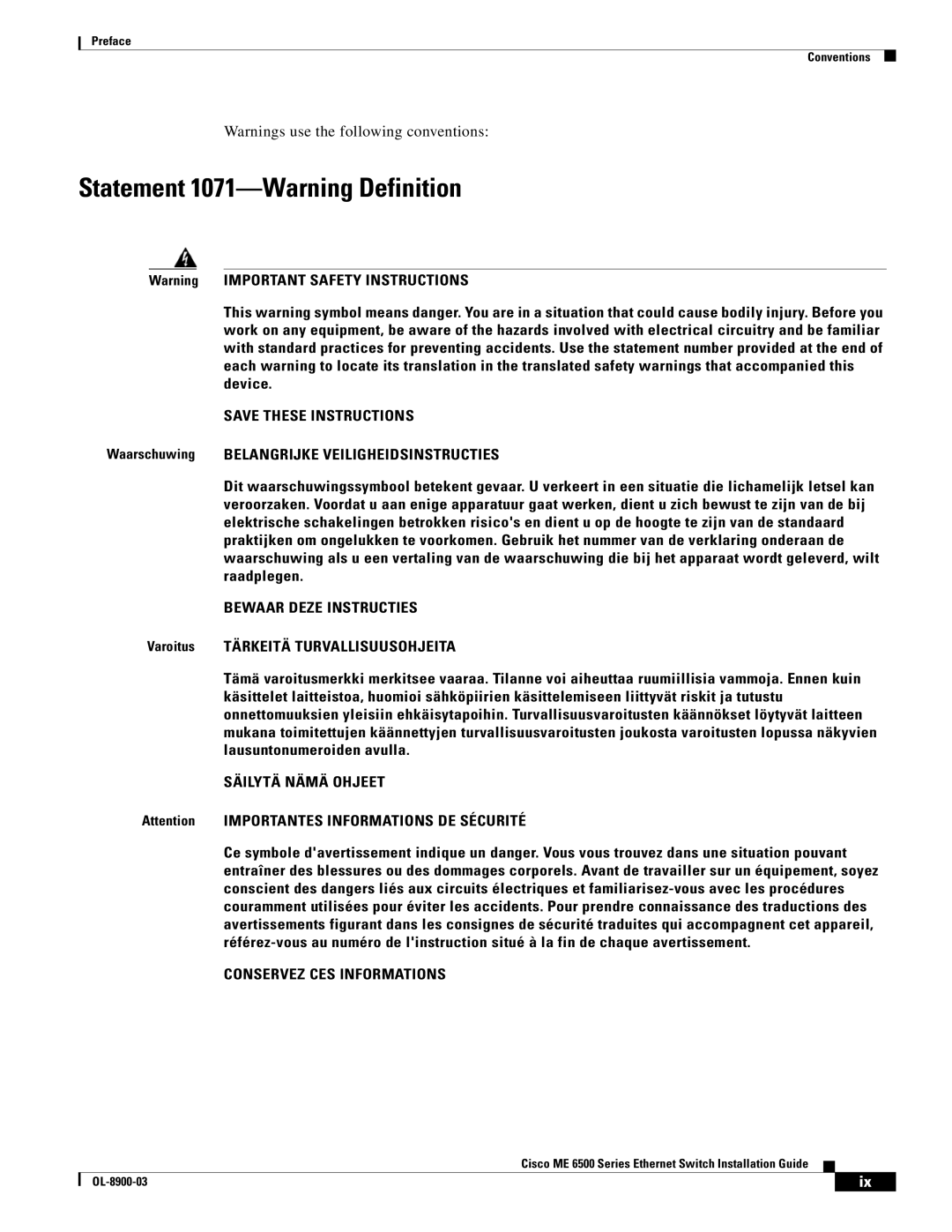 Cisco Systems ME 6500 manual Statement 1071-Warning Definition, Bewaar Deze Instructies 