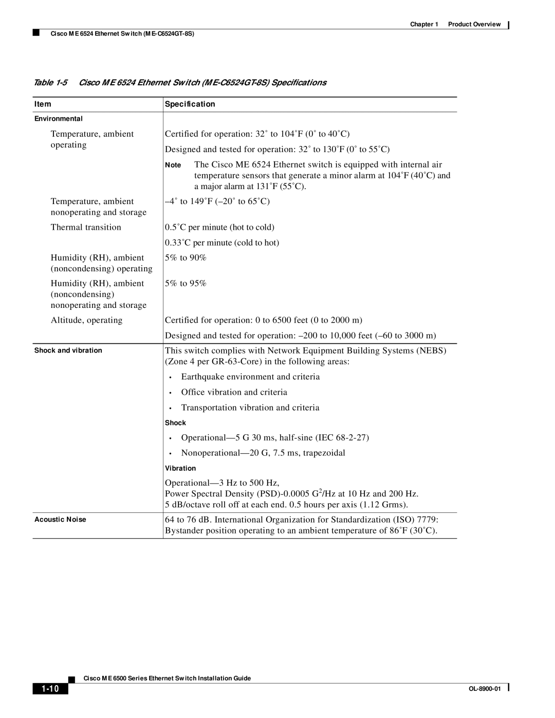 Cisco Systems ME 6500 specifications Cisco ME 6524 Ethernet Switch ME-C6524GT-8S Speciﬁcations 