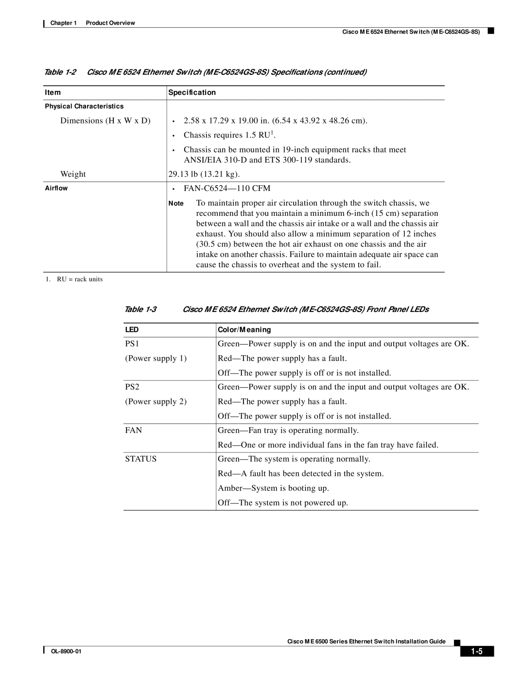 Cisco Systems ME 6500 specifications Led, Color/Meaning 