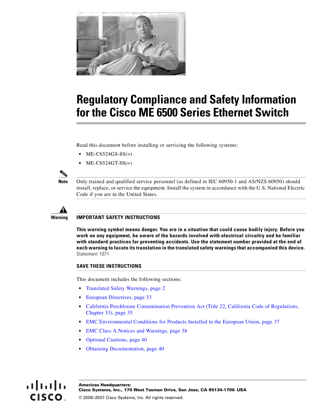 Cisco Systems ME-C6524GS-8S important safety instructions This document includes the following sections 