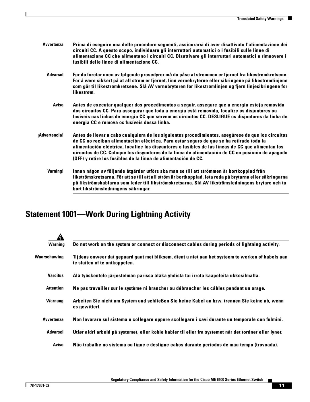 Cisco Systems ME-C6524GS-8S important safety instructions Statement 1001-Work During Lightning Activity 