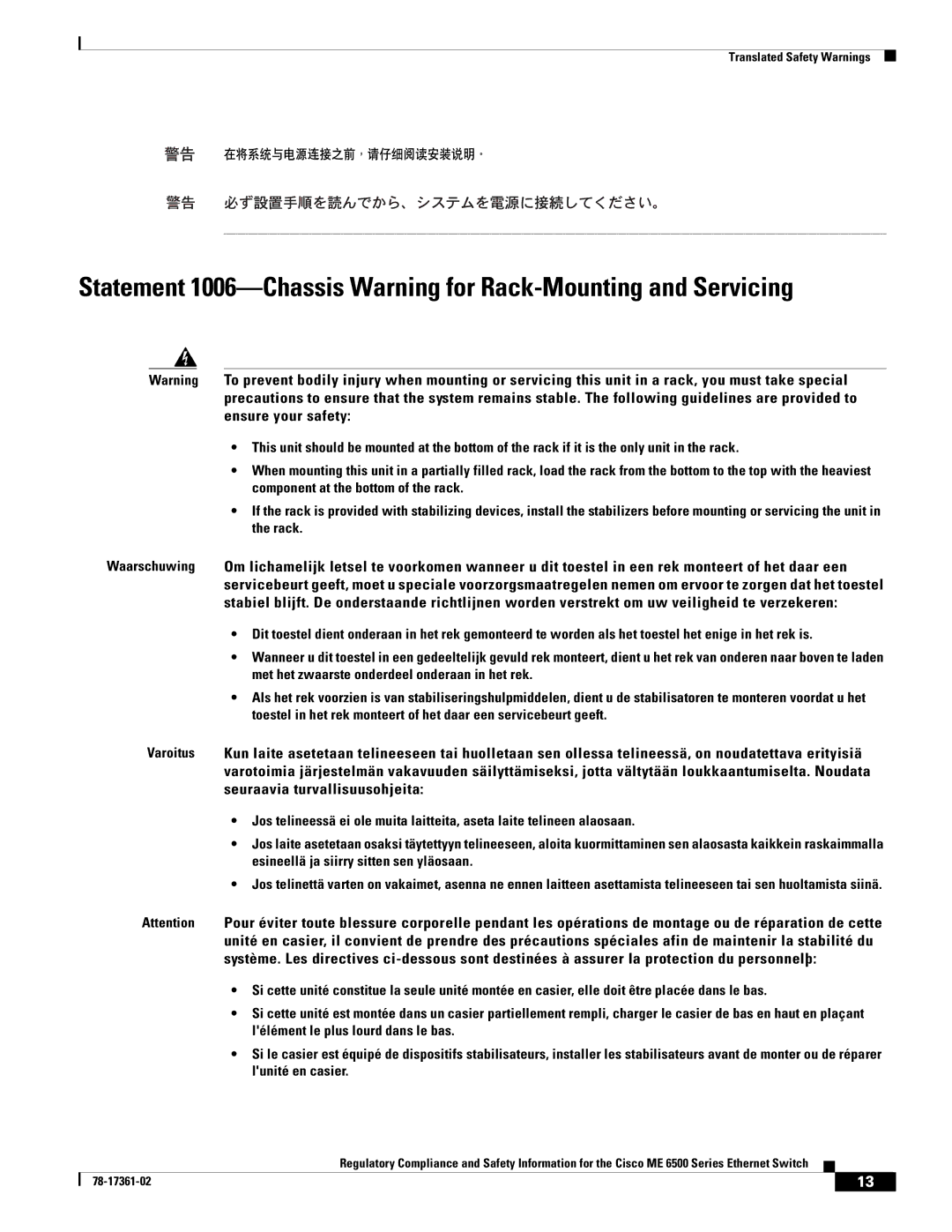 Cisco Systems ME-C6524GS-8S important safety instructions Translated Safety Warnings 