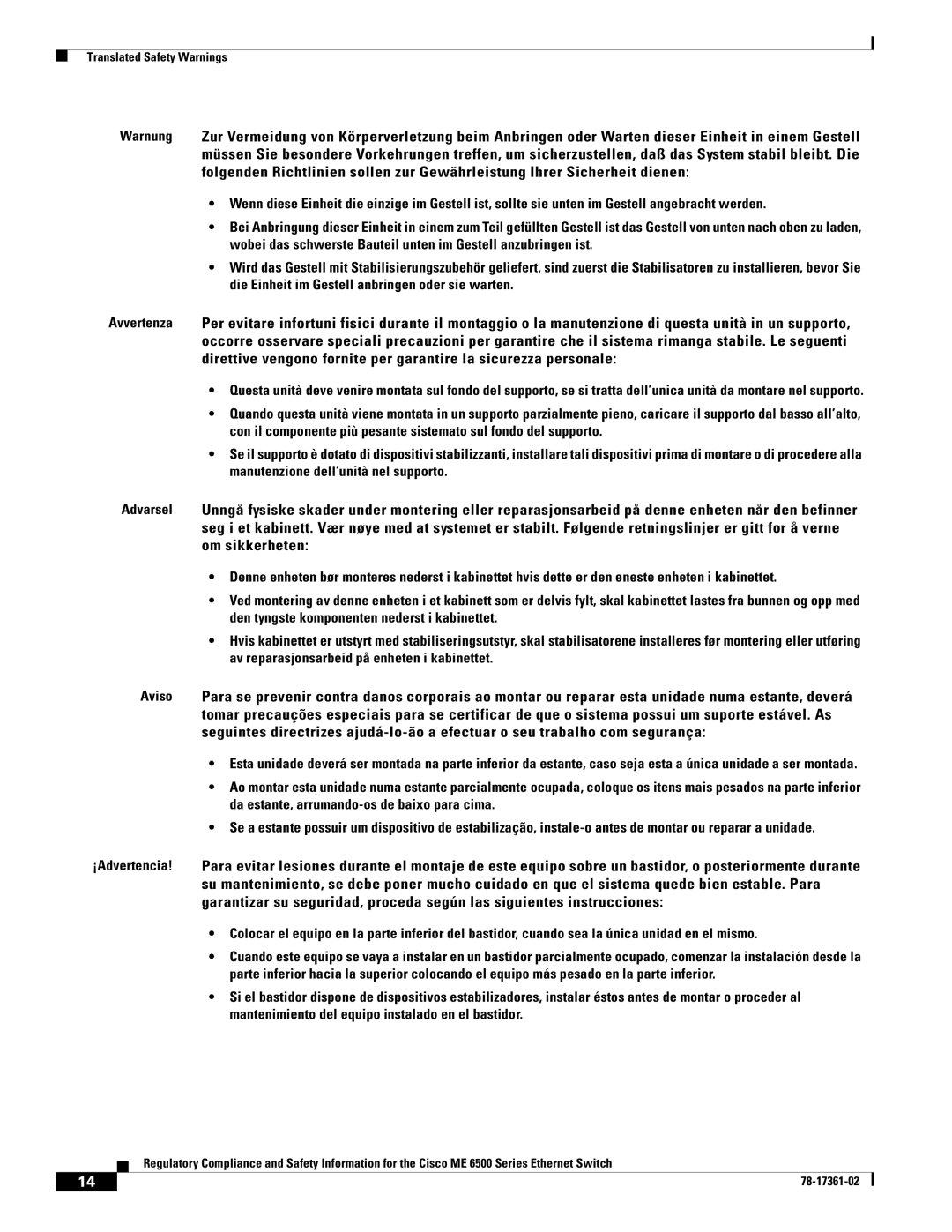 Cisco Systems ME-C6524GS-8S important safety instructions Translated Safety Warnings 