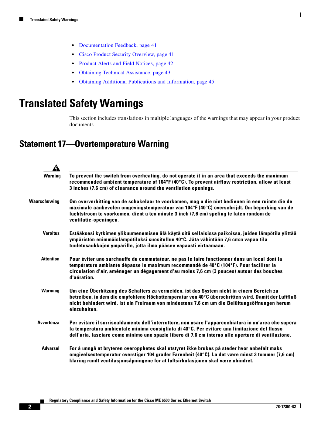 Cisco Systems ME-C6524GS-8S important safety instructions Translated Safety Warnings, Statement 17-Overtemperature Warning 