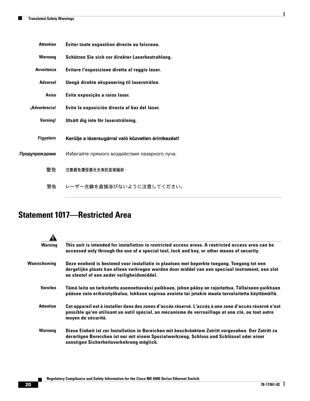 Cisco Systems ME-C6524GS-8S important safety instructions Statement 1017-Restricted Area 