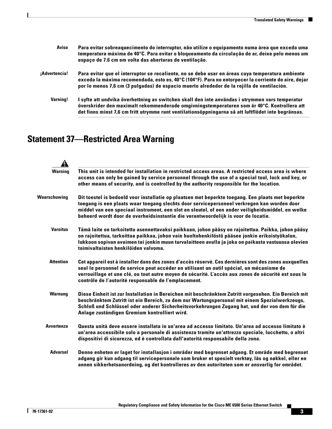 Cisco Systems ME-C6524GS-8S important safety instructions Statement 37-Restricted Area Warning 