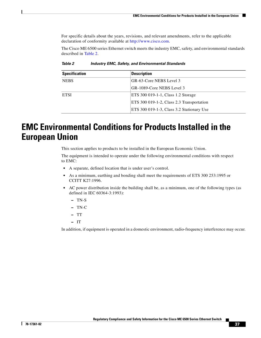 Cisco Systems ME-C6524GS-8S important safety instructions Nebs 