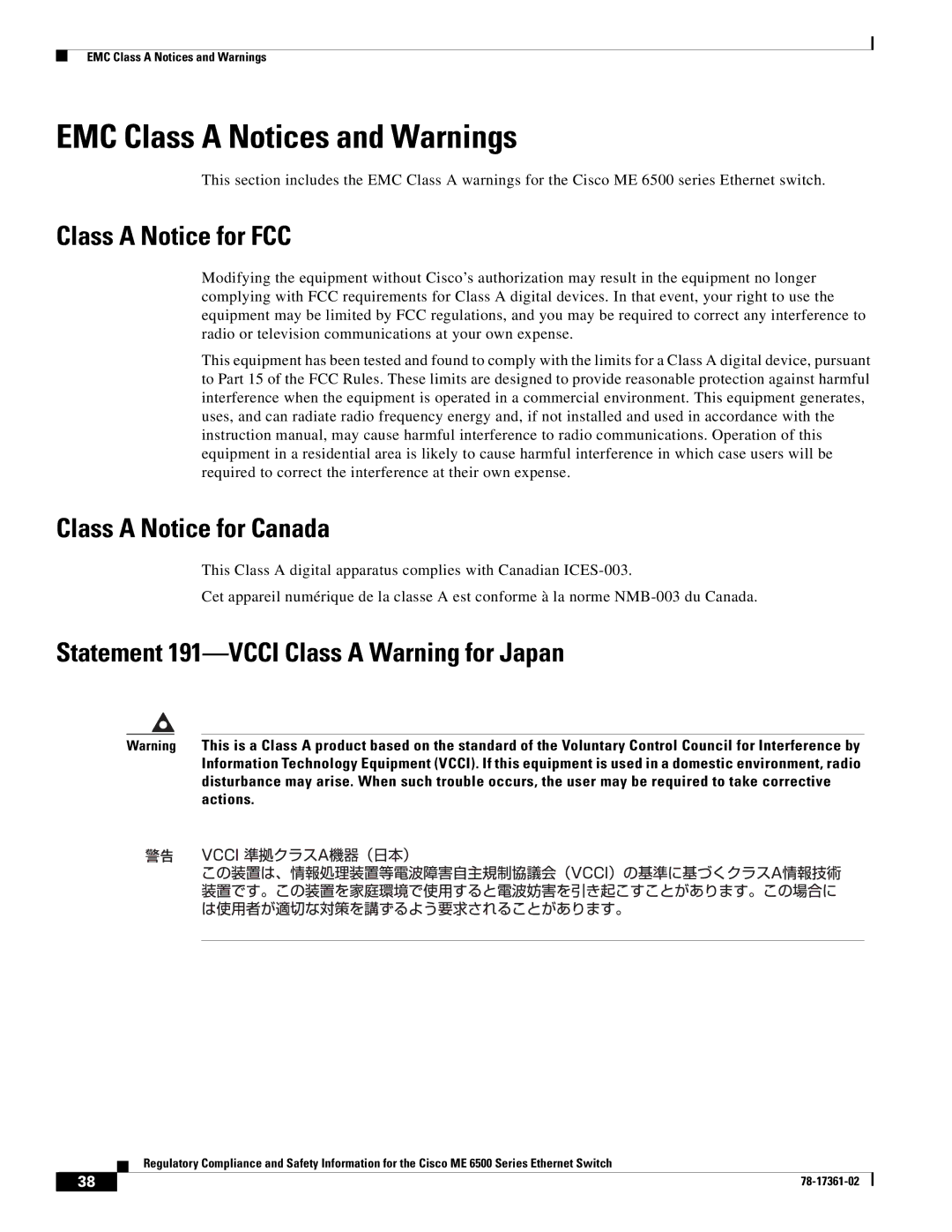 Cisco Systems ME-C6524GS-8S EMC Class a Notices and Warnings, Class a Notice for FCC, Class a Notice for Canada 