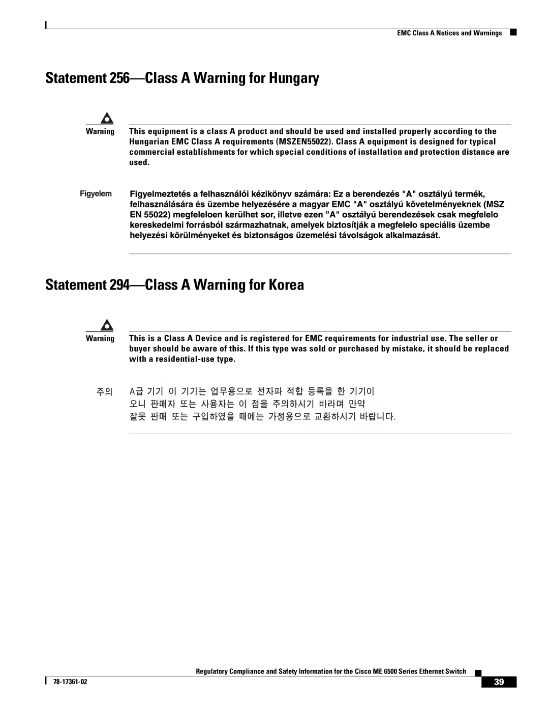 Cisco Systems ME-C6524GS-8S important safety instructions EMC Class a Notices and Warnings 