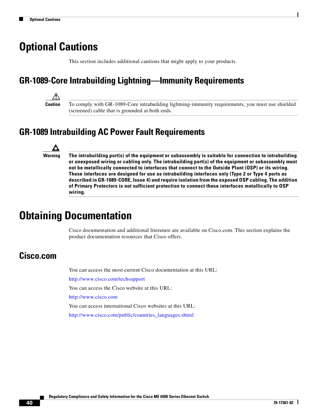 Cisco Systems ME-C6524GS-8S important safety instructions Optional Cautions, Obtaining Documentation, Cisco.com 