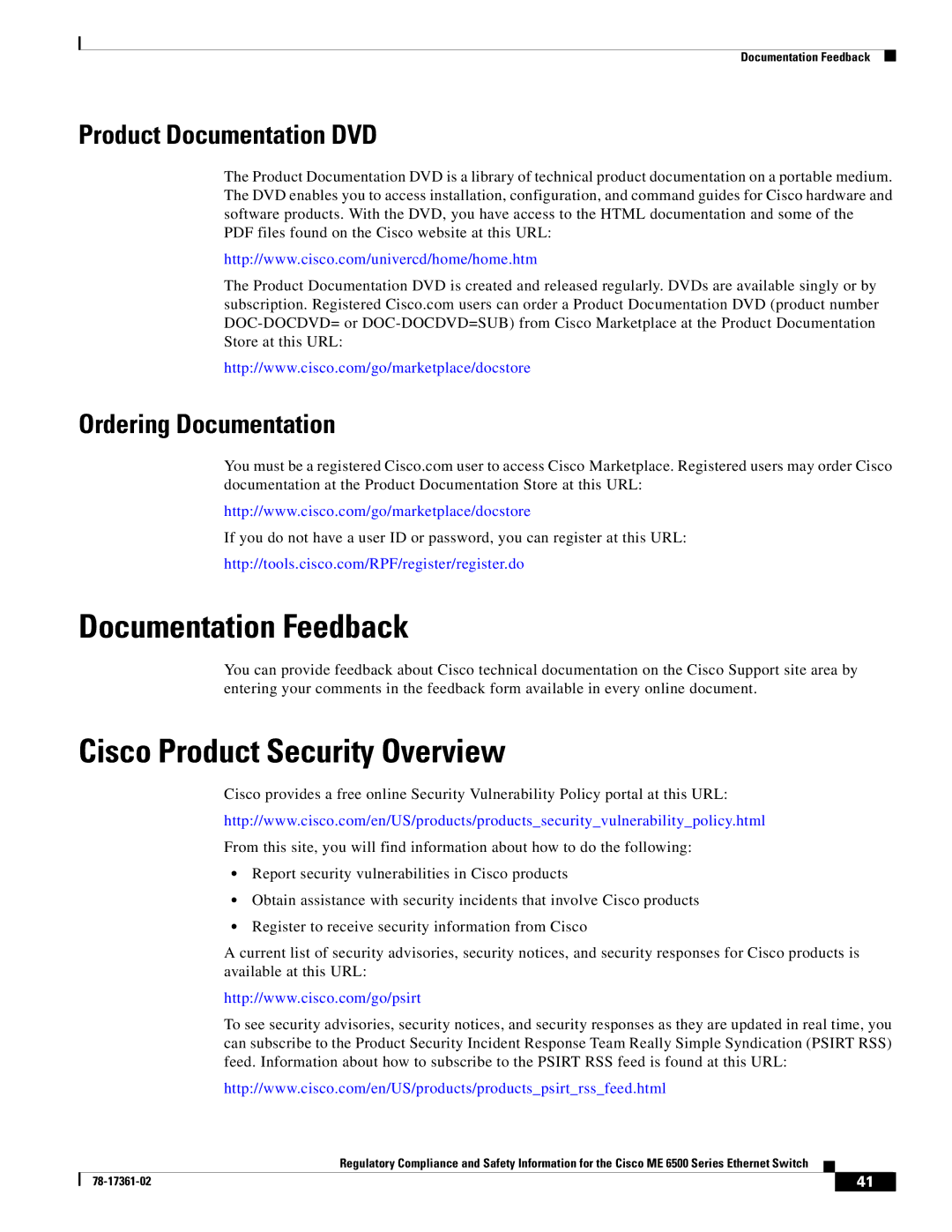 Cisco Systems ME-C6524GS-8S important safety instructions Documentation Feedback, Cisco Product Security Overview 