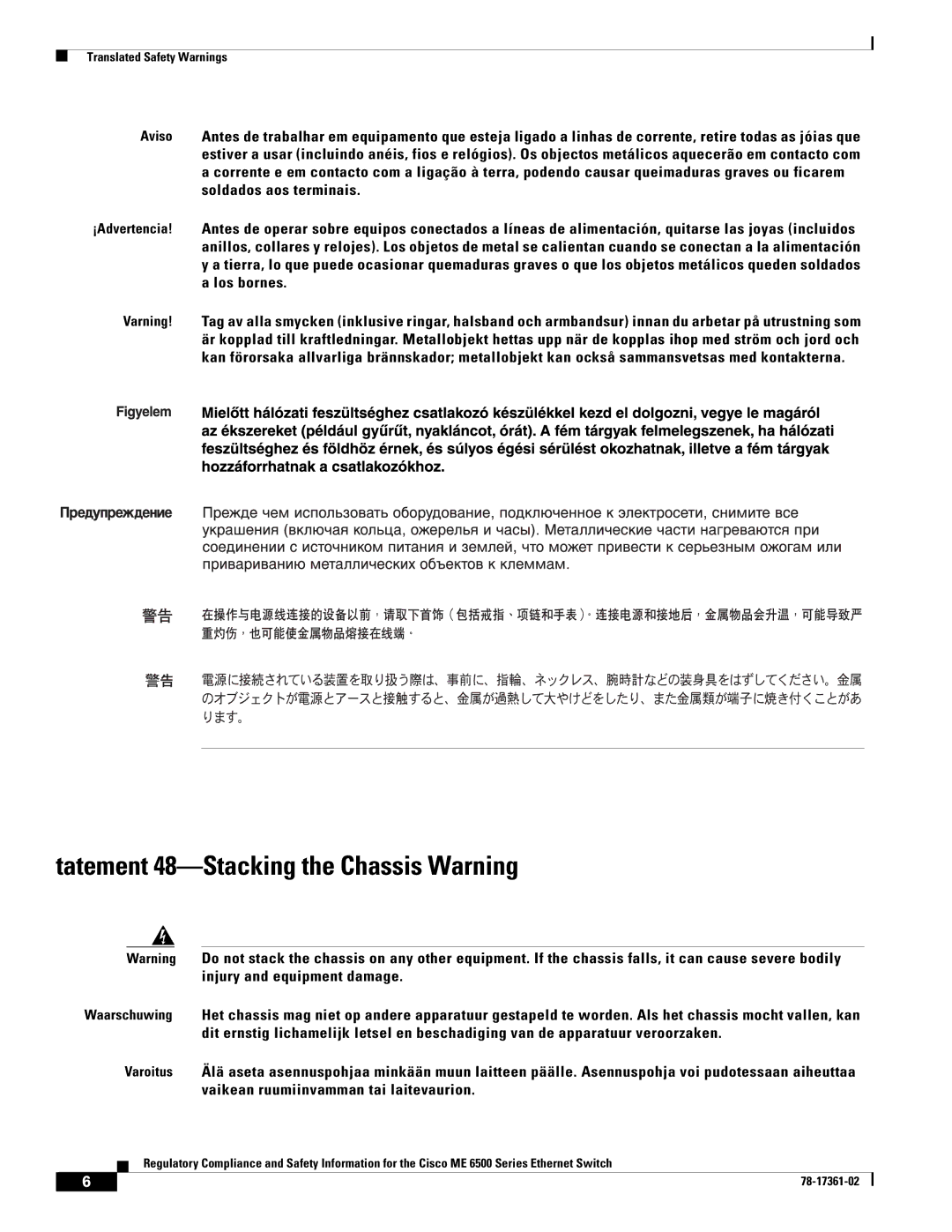 Cisco Systems ME-C6524GS-8S important safety instructions Tatement 48-Stacking the Chassis Warning 