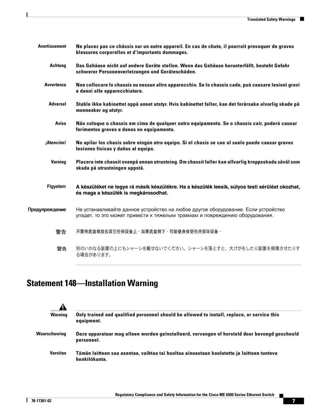 Cisco Systems ME-C6524GS-8S important safety instructions Statement 148-Installation Warning 