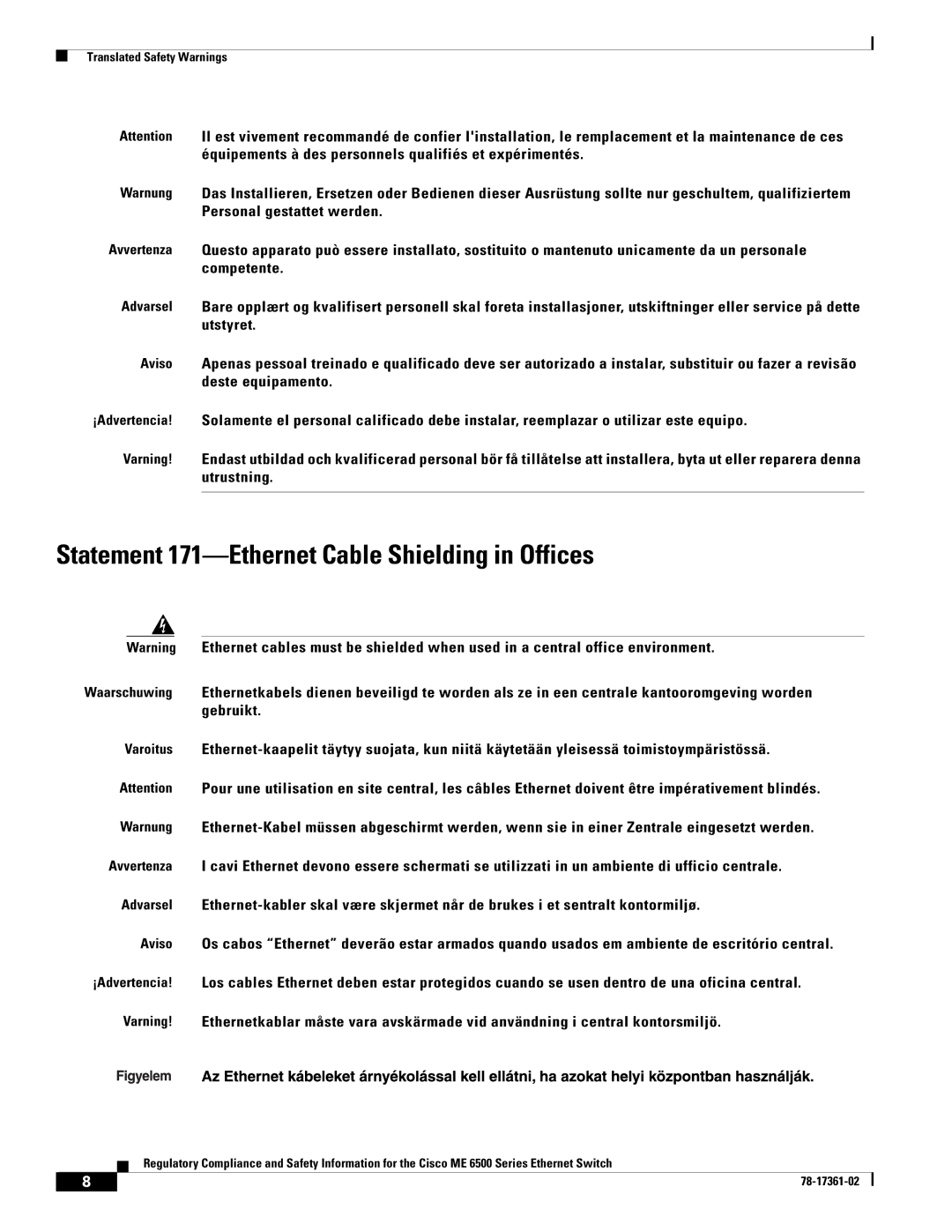 Cisco Systems ME-C6524GS-8S important safety instructions Statement 171-Ethernet Cable Shielding in Offices 