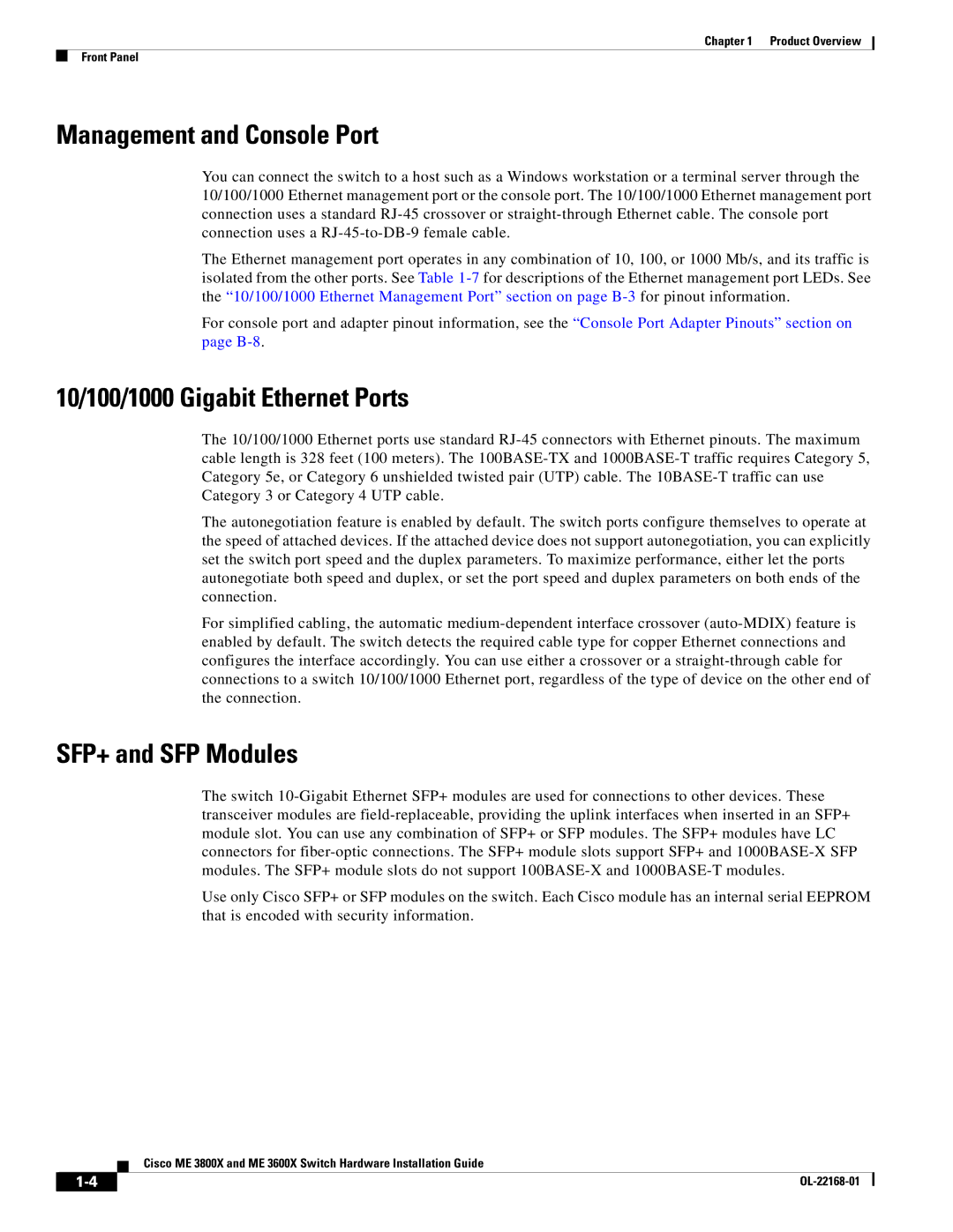 Cisco Systems ME3600X24CXM manual Management and Console Port, 10/100/1000 Gigabit Ethernet Ports, SFP+ and SFP Modules 