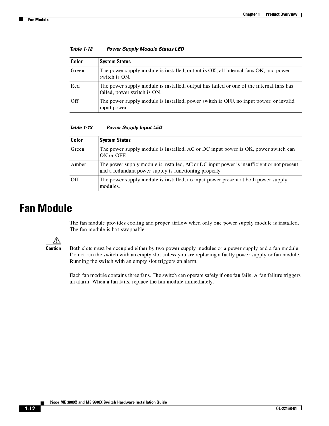 Cisco Systems ME3600X24CXM manual Fan Module, Color System Status 