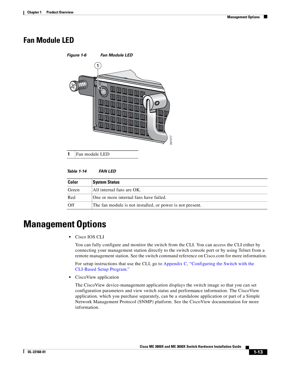 Cisco Systems ME3600X24CXM manual Management Options, Fan Module LED 