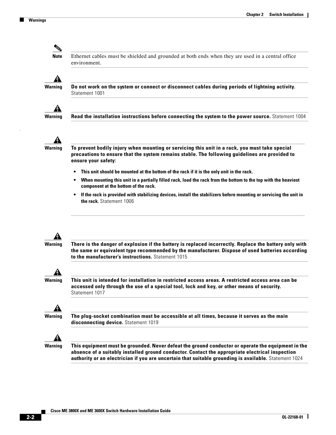 Cisco Systems ME3600X24CXM manual Switch Installation 