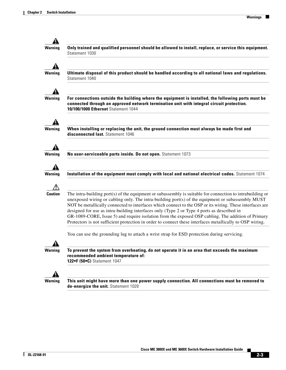 Cisco Systems ME3600X24CXM manual 122F 50C Statement 