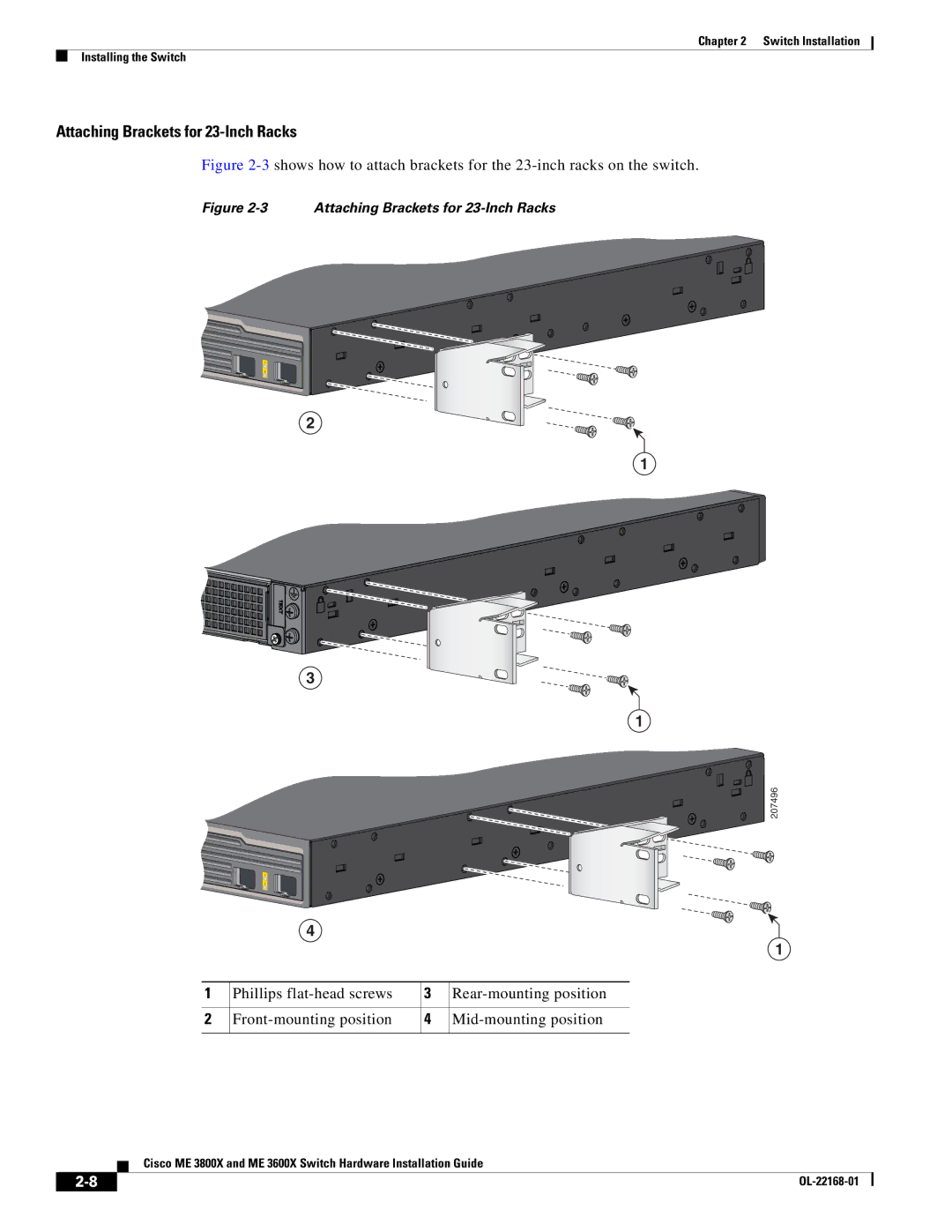 Cisco Systems ME3600X24CXM manual Attaching Brackets for 23-Inch Racks 