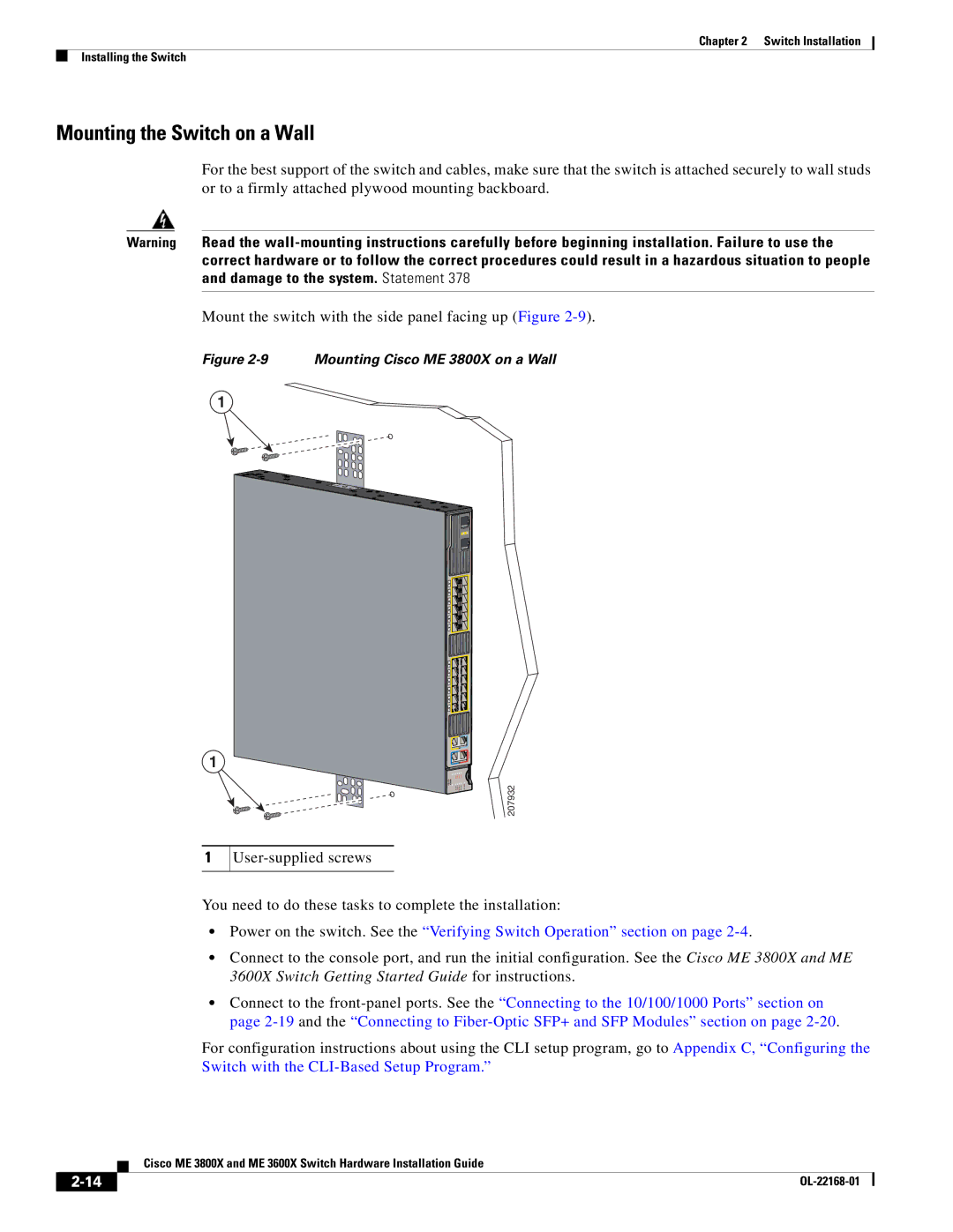 Cisco Systems ME3600X24CXM manual Mounting the Switch on a Wall, Mounting Cisco ME 3800X on a Wall 