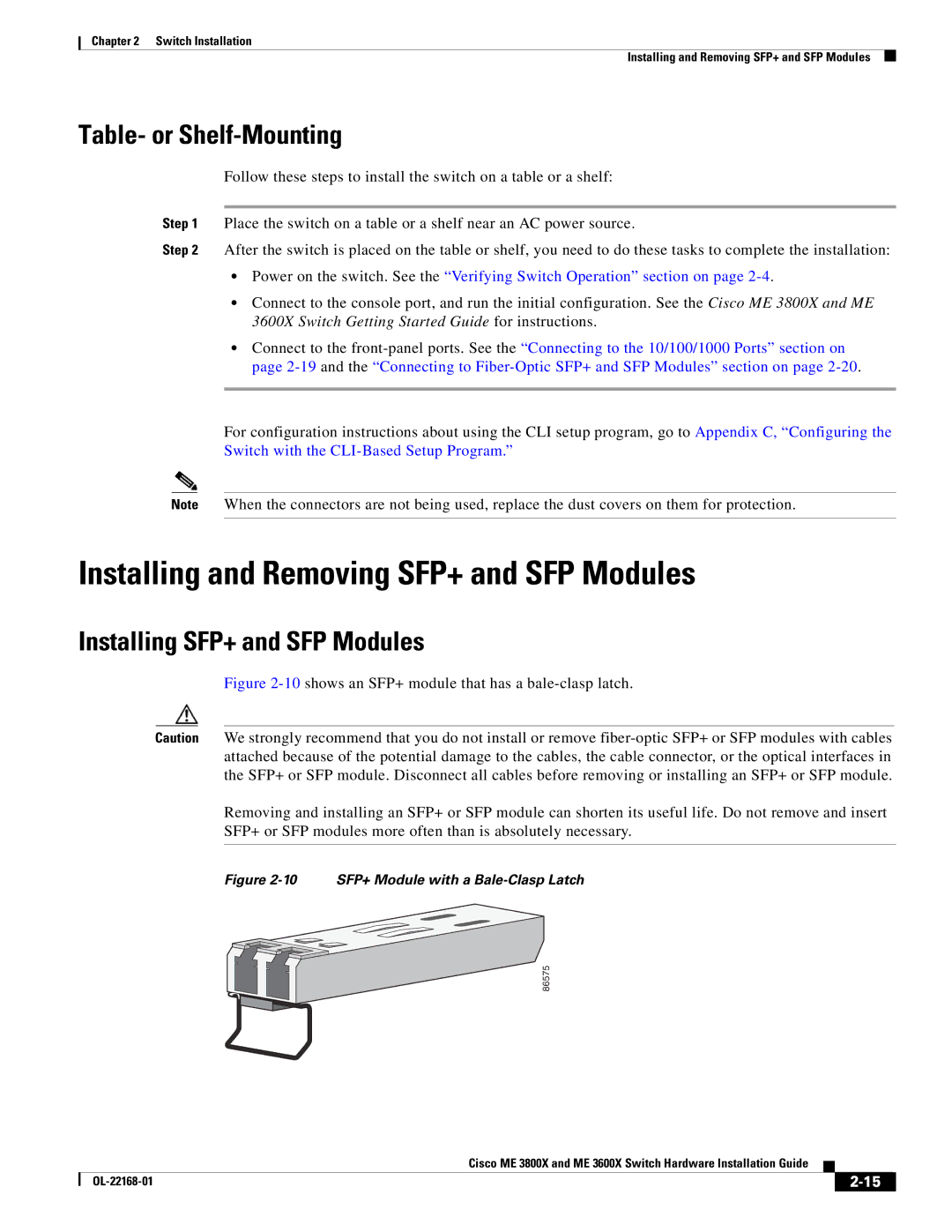 Cisco Systems ME3600X24CXM manual Installing and Removing SFP+ and SFP Modules, Table- or Shelf-Mounting 