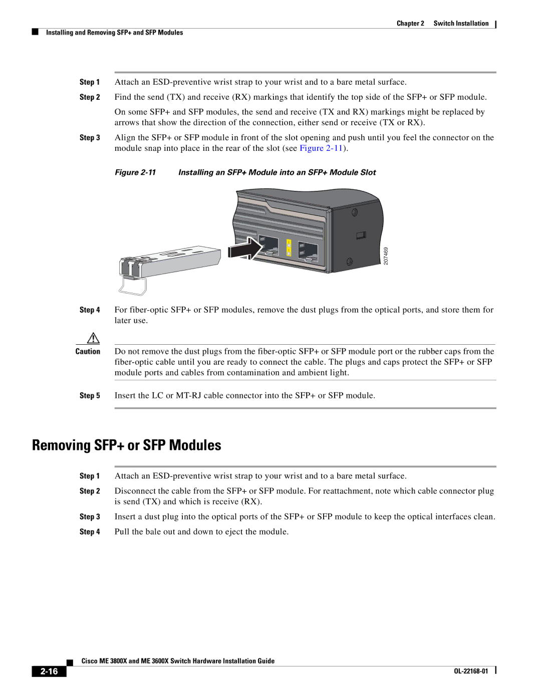 Cisco Systems ME3600X24CXM manual Removing SFP+ or SFP Modules, Installing an SFP+ Module into an SFP+ Module Slot 