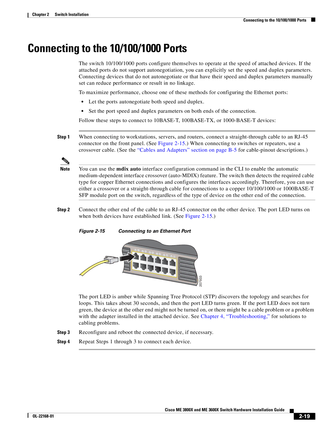 Cisco Systems ME3600X24CXM manual Connecting to the 10/100/1000 Ports, Connecting to an Ethernet Port 