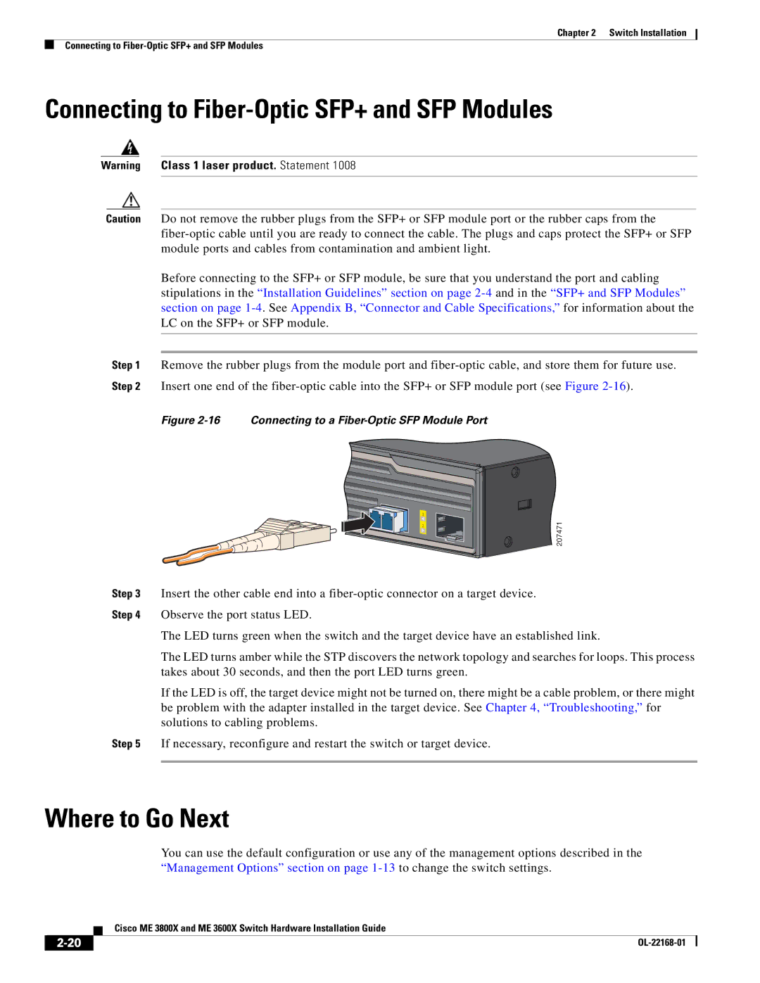 Cisco Systems ME3600X24CXM manual Connecting to Fiber-Optic SFP+ and SFP Modules, Where to Go Next 