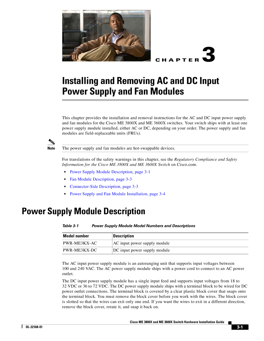 Cisco Systems ME3600X24CXM manual Power Supply Module Description, Model number Description 