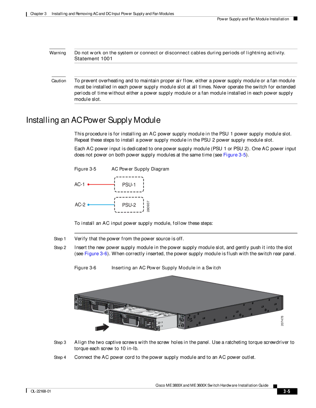 Cisco Systems ME3600X24CXM manual Installing an AC Power Supply Module, AC-1 PSU-1 AC-2 PSU-2 