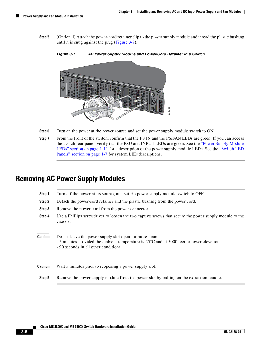 Cisco Systems ME3600X24CXM Removing AC Power Supply Modules, AC Power Supply Module and Power-Cord Retainer in a Switch 