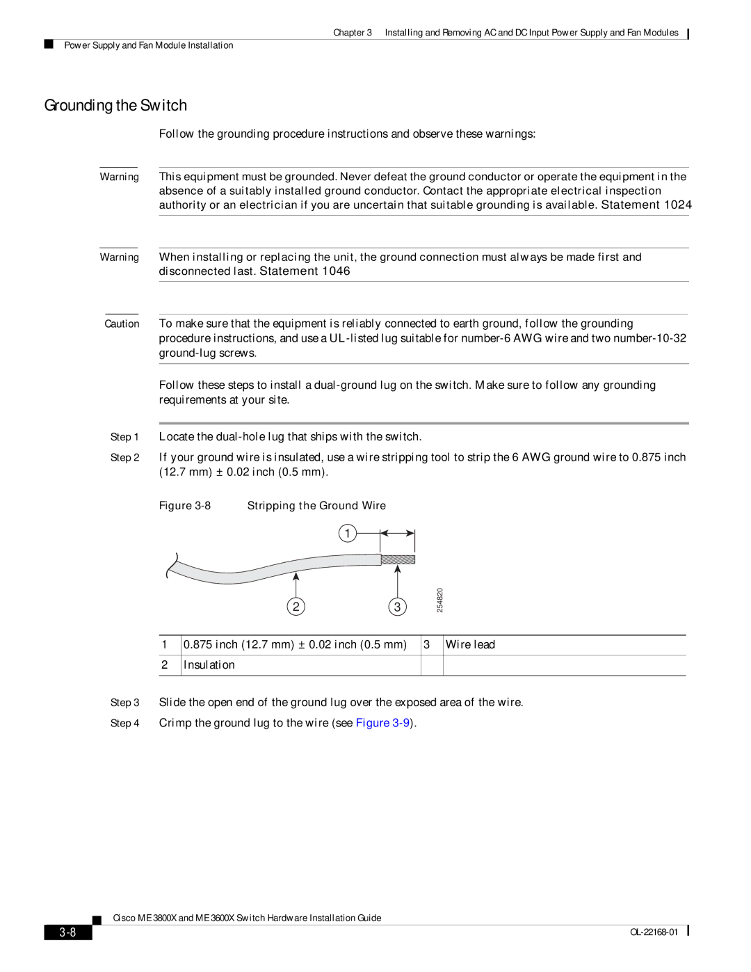 Cisco Systems ME3600X24CXM manual Grounding the Switch, Stripping the Ground Wire 