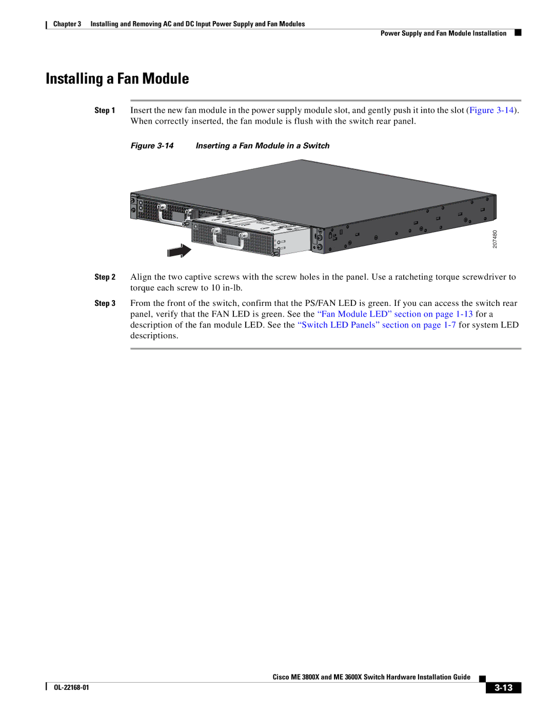 Cisco Systems ME3600X24CXM manual Installing a Fan Module, Inserting a Fan Module in a Switch 