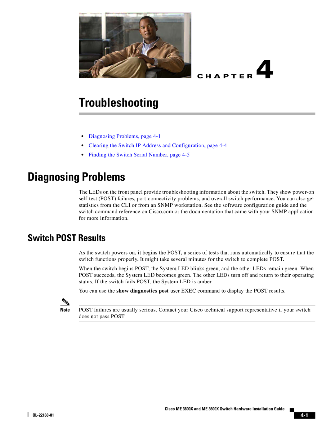 Cisco Systems ME3600X24CXM manual Diagnosing Problems, Switch Post Results 