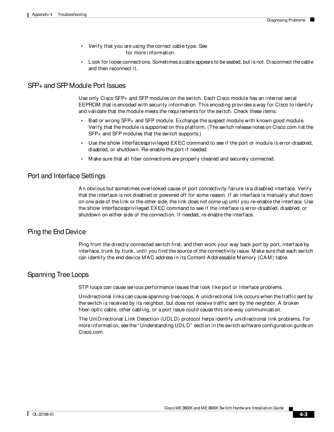 Cisco Systems ME3600X24CXM manual SFP+ and SFP Module Port Issues, Port and Interface Settings, Ping the End Device 