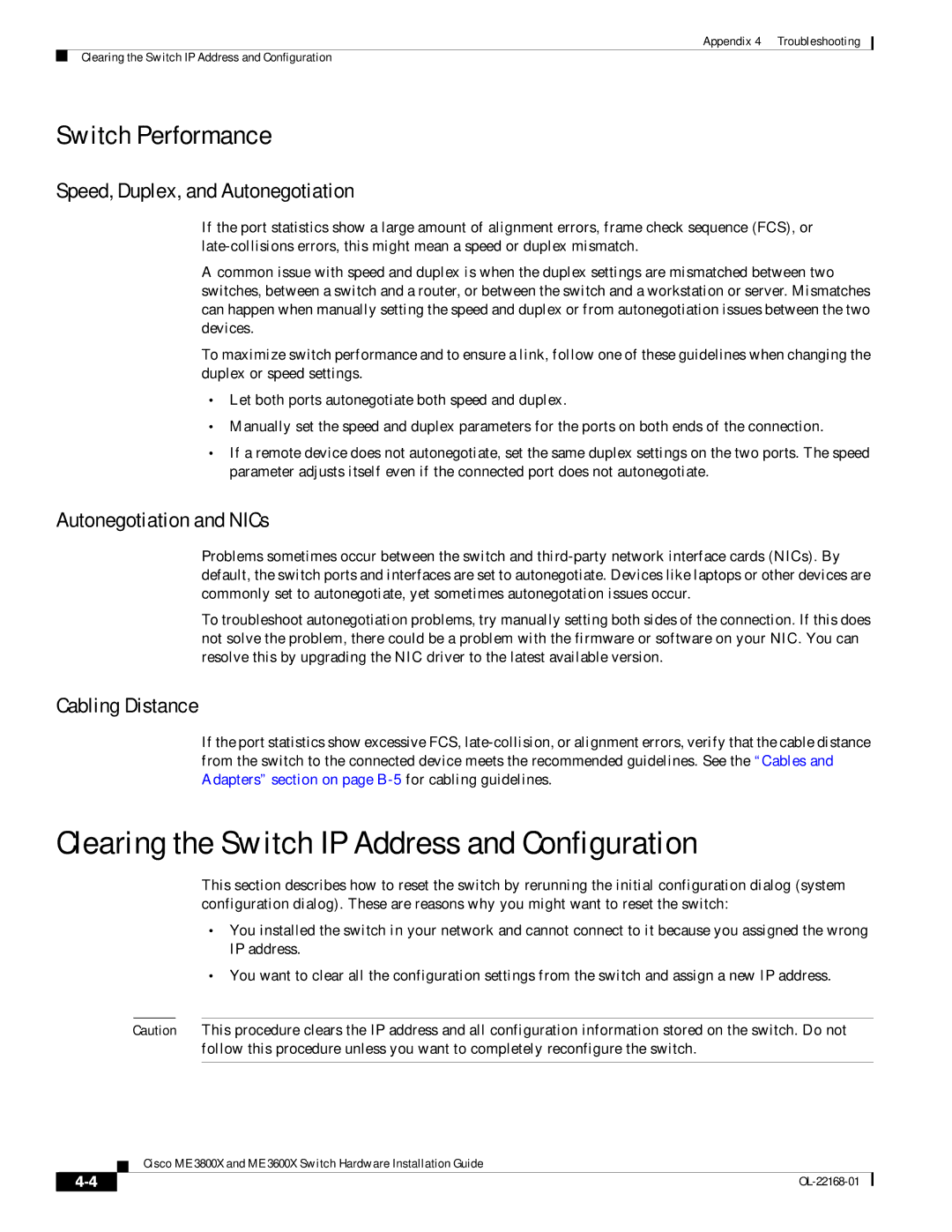 Cisco Systems ME3600X24CXM Clearing the Switch IP Address and Configuration, Switch Performance, Autonegotiation and NICs 