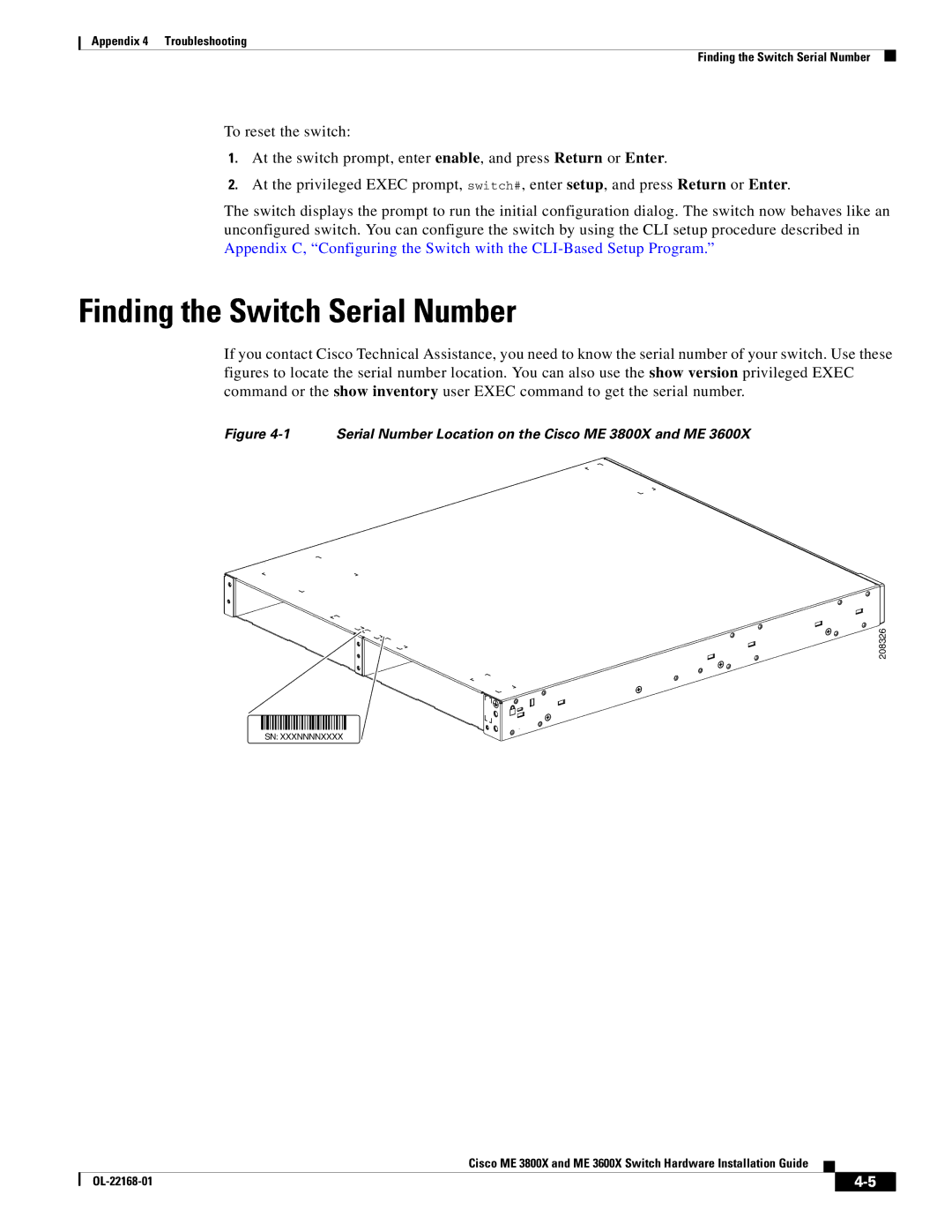 Cisco Systems ME3600X24CXM manual Finding the Switch Serial Number, Serial Number Location on the Cisco ME 3800X and ME 